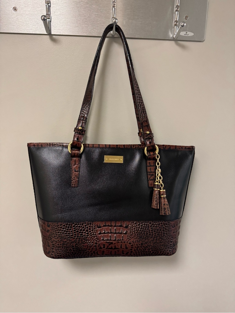 Brahmin Black and Brown Croc-Trim Shoulder Tote